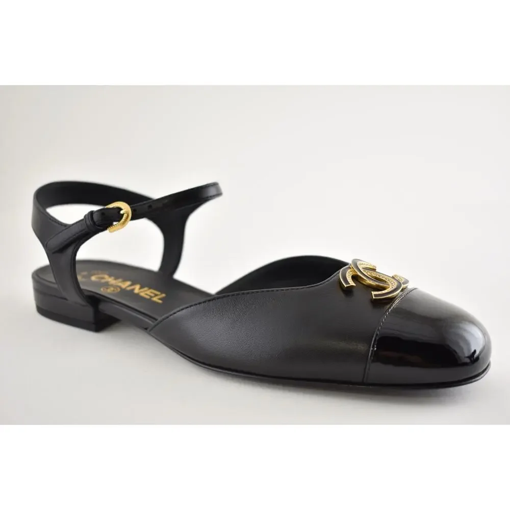 Chanel 25P Black Patent Gold CC Slingback Ankle Strap Ballerina Ballet Flat 37